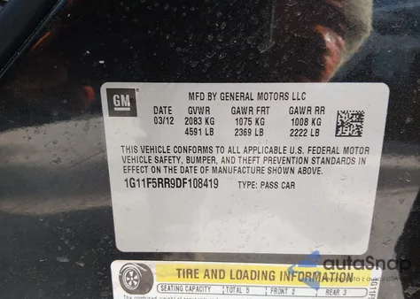 2013 Chevrolet Malibu Eco Premium Audio z USA, uszkodzony, nr VIN 1G11F5RR9DF108419